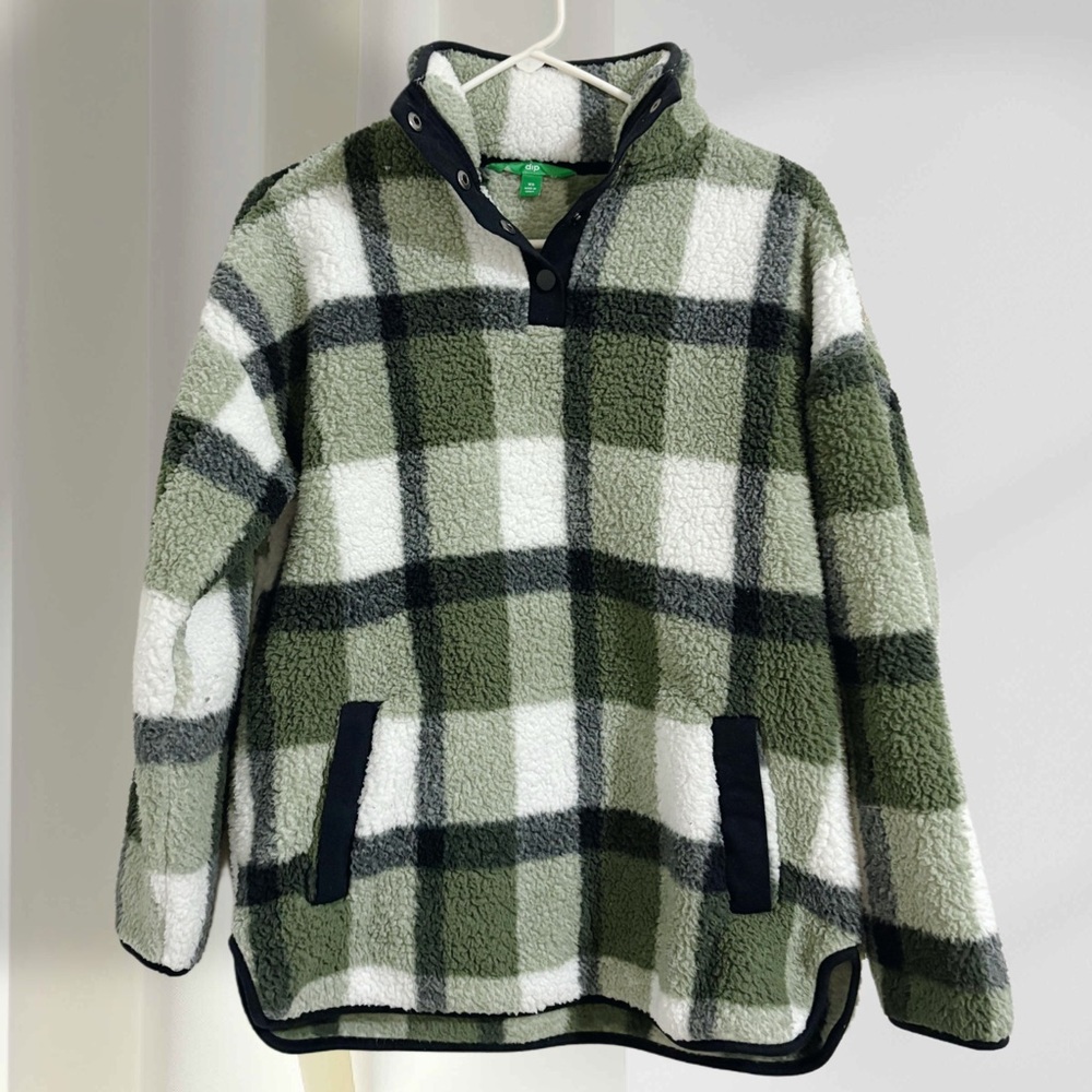 dip Olive & White Plaid Sherpa Snap Pullover